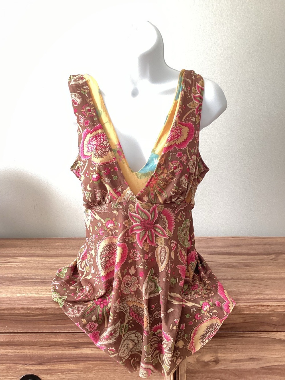 Y2K Sweat Pea Mesh Brown Floral Paisley Boho Deep V Tank Layered Tank L